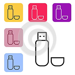 Black line USB flash drive icon isolated on white background. Set icons in color square buttons. Vector Illustration