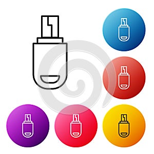 Black line USB flash drive icon isolated on white background. Set icons colorful circle buttons. Vector Illustration