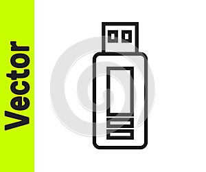 Black line USB flash drive icon isolated on white background. Vector