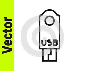 Black line USB flash drive icon isolated on white background. Vector Illustration