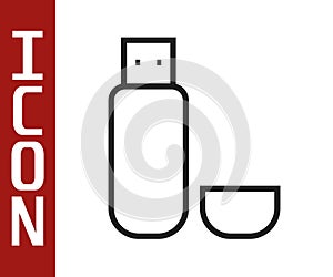 Black line USB flash drive icon isolated on white background. Vector Illustration
