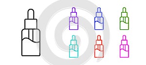 Black line Vape liquid bottle for electronic cigarettes icon isolated on white background. Set icons colorful. Vector