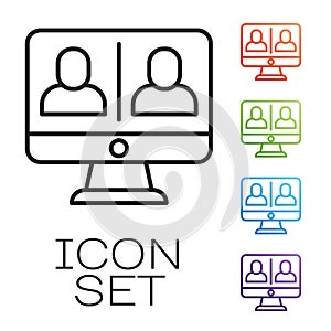 Black line Video chat conference icon isolated on white background. Online meeting work form home. Remote project