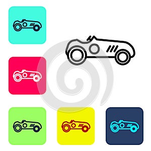 Black line Vintage sport racing car icon isolated on white background. Set icons in color square buttons. Vector