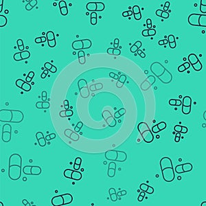 Black line Vitamin complex of pill capsule icon isolated seamless pattern on green background. Healthy lifestyle. Vector