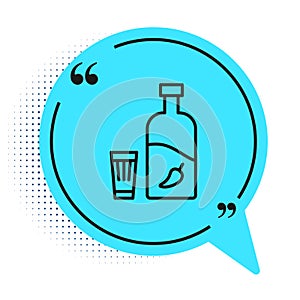 Black line Vodka with pepper and glass icon isolated on white background. Ukrainian national alcohol. Blue speech bubble