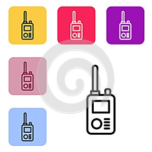 Black line Walkie talkie icon isolated on white background. Portable radio transmitter icon. Radio transceiver sign. Set