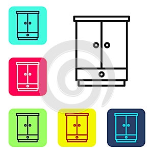 Black line Wardrobe icon isolated on white background. Cupboard sign. Set icons in color square buttons. Vector