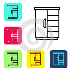 Black line Wardrobe icon isolated on white background. Cupboard sign. Set icons in color square buttons. Vector