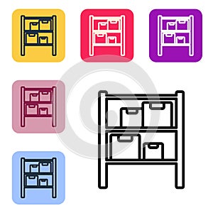 Black line Warehouse icon isolated on white background. Set icons in color square buttons. Vector Illustration