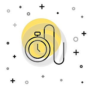 Black line Watch with a chain icon isolated on white background. Random dynamic shapes. Vector