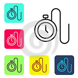 Black line Watch with a chain icon isolated on white background. Set icons in color square buttons. Vector