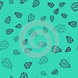 Black line Water energy icon isolated seamless pattern on green background. Ecology concept with water droplet