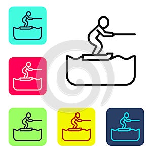 Black line Water skiing man icon isolated on white background. Set icons in color square buttons. Vector