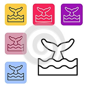 Black line Whale tail in ocean wave icon isolated on white background. Set icons in color square buttons. Vector