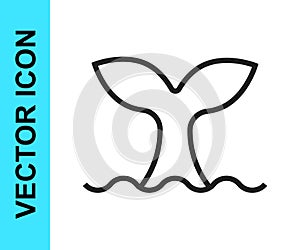 Black line Whale tail in ocean wave icon isolated on white background. Vector