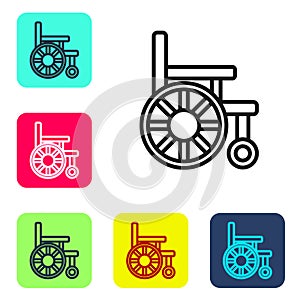 Black line Wheelchair for disabled person icon isolated on white background. Set icons in color square buttons. Vector