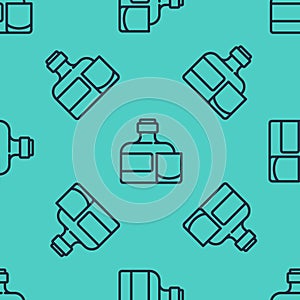 Black line Whiskey bottle and glass icon isolated seamless pattern on green background. Vector