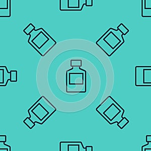 Black line Whiskey bottle icon isolated seamless pattern on green background. Vector