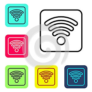 Black line Wi-Fi wireless internet network symbol icon isolated on white background. Set icons in color square buttons