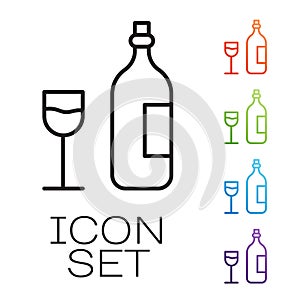 Black line Wine bottle with wine glass icon isolated on white background. Happy Easter. Set icons colorful. Vector