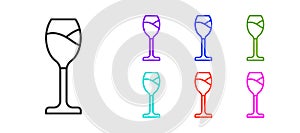 Black line Wine glass icon isolated on white background. Wineglass icon. Goblet symbol. Glassware sign. Happy Easter