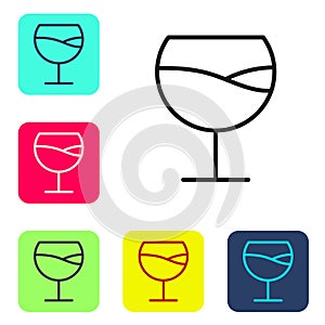 Black line Wine glass icon isolated on white background. Wineglass sign. Set icons in color square buttons. Vector