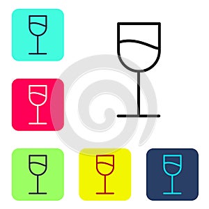 Black line Wine glass icon isolated on white background. Wineglass sign. Set icons in color square buttons. Vector