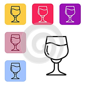 Black line Wine glass icon isolated on white background. Wineglass sign. Set icons in color square buttons. Vector