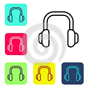 Black line Winter headphones icon isolated on white background. Earmuffs sign. Set icons in color square buttons. Vector