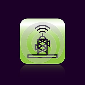 Black line Wireless antenna icon isolated on black background. Technology and network signal radio antenna. Green square