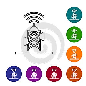 Black line Wireless antenna icon isolated on white background. Technology and network signal radio antenna. Set icons in