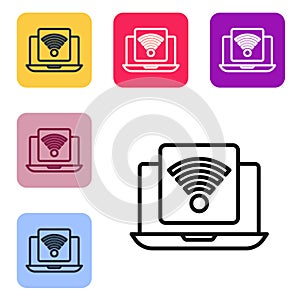 Black line Wireless laptop icon isolated on white background. Internet of things concept with wireless connection. Set