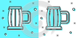 Black line Wooden beer mug icon isolated on green and white background. Random dynamic shapes. Vector