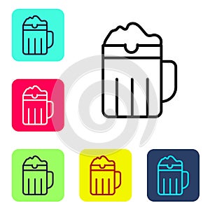 Black line Wooden beer mug icon isolated on white background. Set icons in color square buttons. Vector