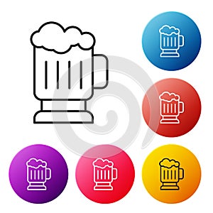 Black line Wooden beer mug icon isolated on white background. Set icons colorful circle buttons. Vector