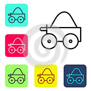 Black line Wooden four-wheel cart with hay icon isolated on white background. Set icons in color square buttons. Vector