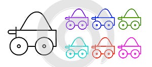 Black line Wooden four-wheel cart with hay icon isolated on white background. Set icons colorful. Vector