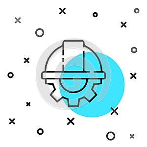 Black line Worker safety helmet and gear icon isolated on white background. Random dynamic shapes. Vector Illustration