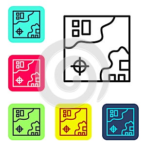 Black line World travel map with airplanes icon isolated on white background. Set icons in color square buttons. Vector