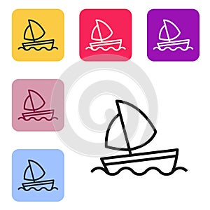 Black line Yacht sailboat or sailing ship icon isolated on white background. Sail boat marine cruise travel. Set icons