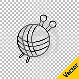 Black line Yarn ball with knitting needles icon isolated on transparent background. Label for hand made, knitting or