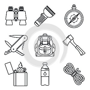 Black lineart icon set. Camping equipment