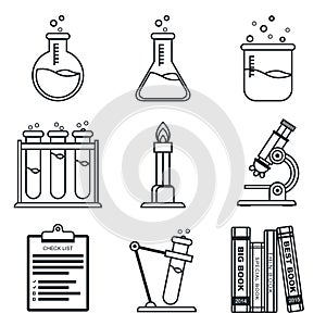 Black lineart icon set. Chemistry. Science