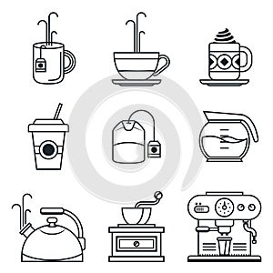 Black lineart icon set. Coffee, tea, cup, devices
