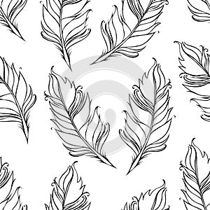 Black lined feather isolated on White background. Seamless pattern. Vector illustration