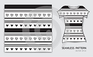 Black lines and heart seamless pattern vector illustration, t shirt design, fabric texture, patterned clothing