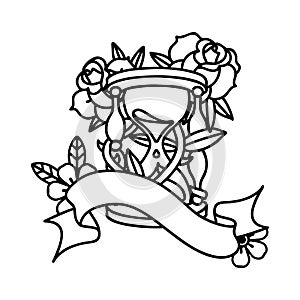 black linework tattoo with banner of an hour glass and flowers photo