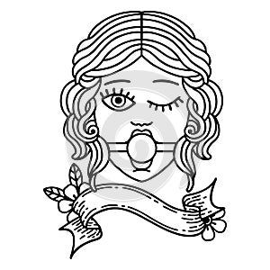 black linework tattoo with banner of winking female face with ball gag photo