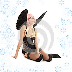 Black lingerie angel with pink hair and snowflakes